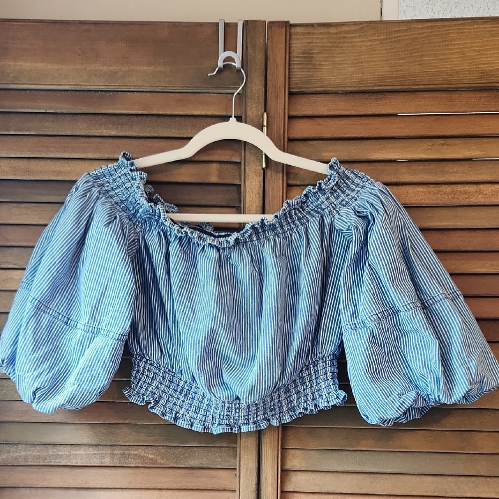 Venus Off The Shoulder Crop Top Pin Stripe Balloon Puff Sleeves